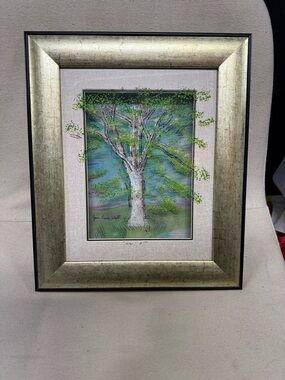 Jean Pierre Weill Silver-Framed 3D Tree Painting with Green and Blue Palette